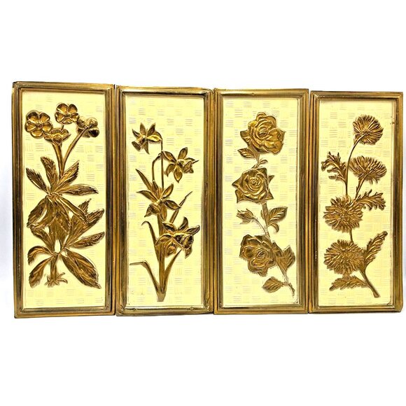 Elpec Brass Plaques-Floral Designs-14.75 In x 6.625 In. x4 Mid Century England - Picture 1 of 16